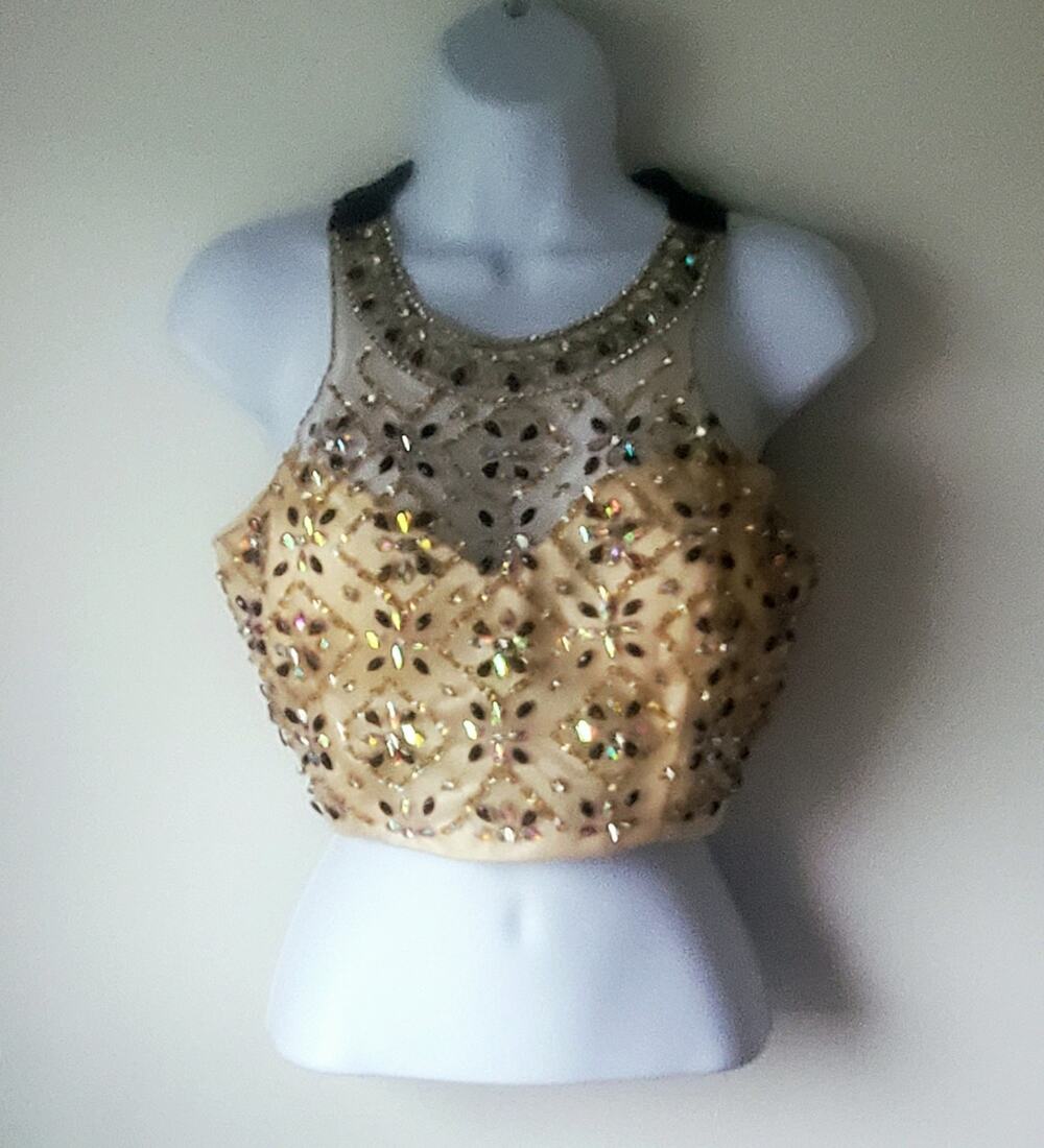 Crystal Doll Womens Tan Black Rhinestone Two Piece Midi Dress Size 5 Glam Prom